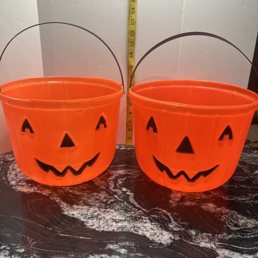 2 Vintage Halloween Blow Mold Trick or Treat Candy Bucket Jack O Lantern 8" Tall